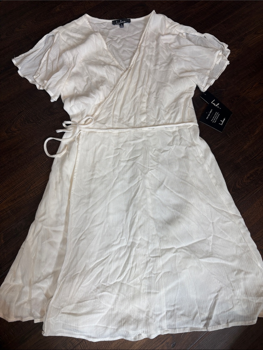 Lulus “Harbor Point” NWT Women’s XL Cream Wrap Above Knee Dress with Tie Waist